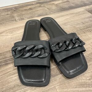 Black Chain-Accent Slide Sandals